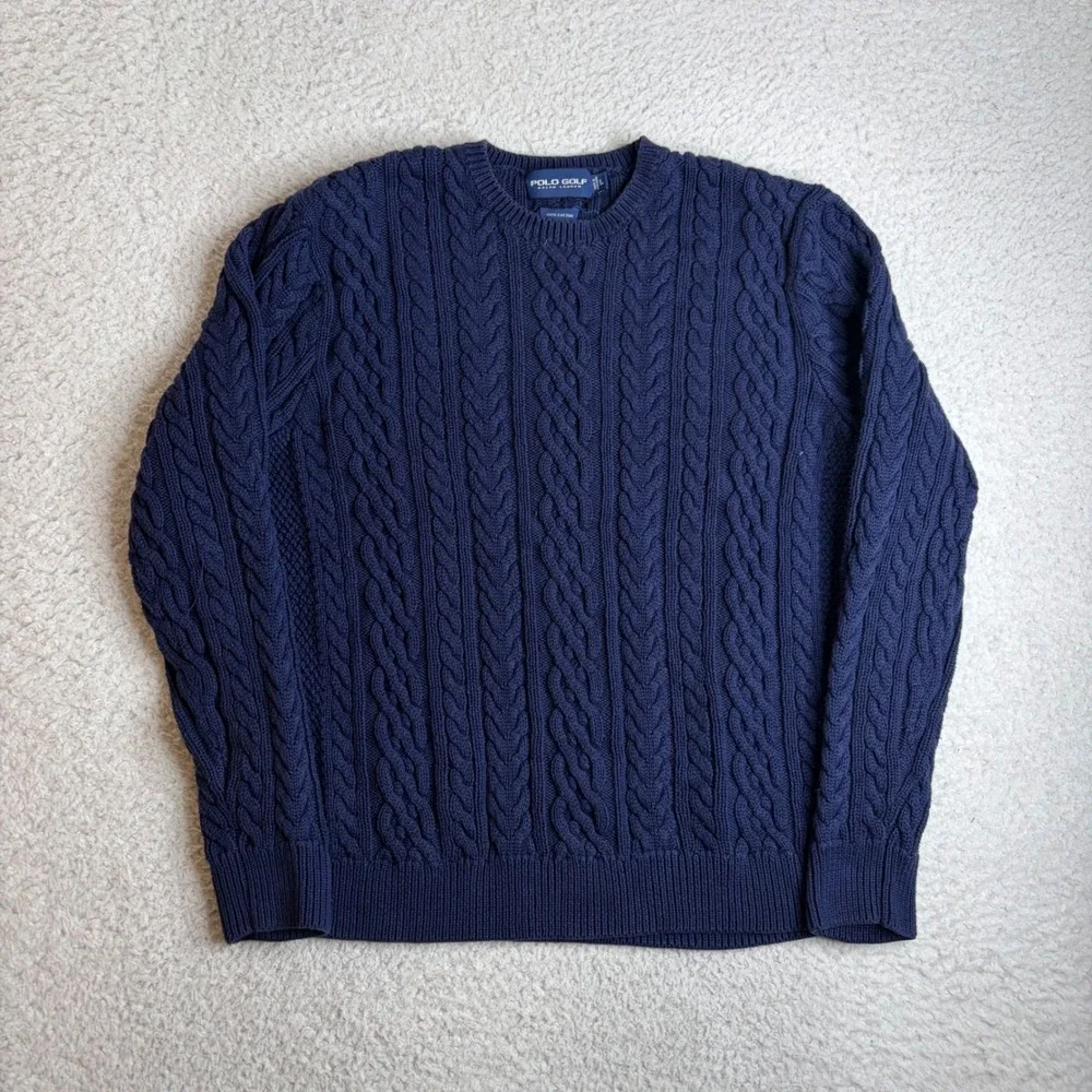 Vintage Polo Golf Ralph Lauren Mens Navy Blue Cable Knit Cotton Sweater Chunky L
